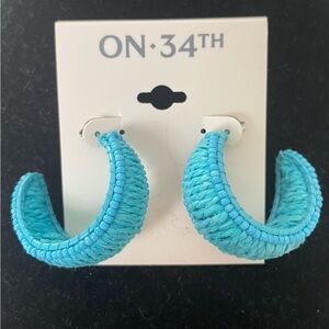 On 34th Silver-Tone Teal Blue Color Seed Bead Raffia C-Hoop Earrings, 1.25"